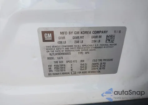 2017 Chevrolet Trax Ls z USA, uszkodzony, nr VIN KL7CJKSB3HB068925